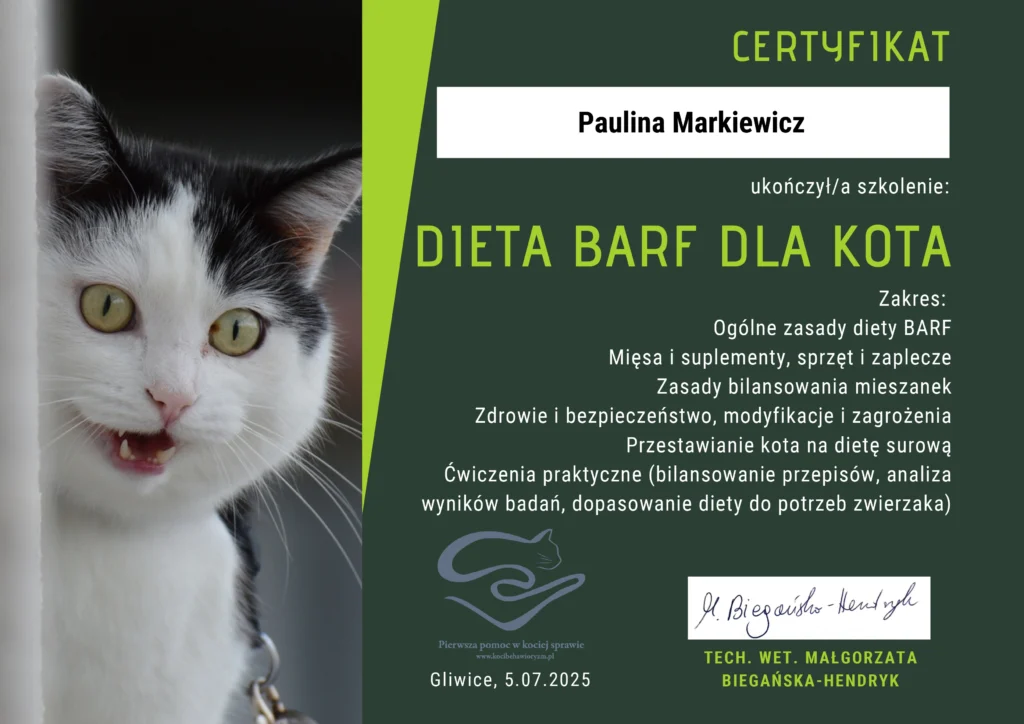 DIETA BARF DLA KOTA certyfikat superkot behawiorysta