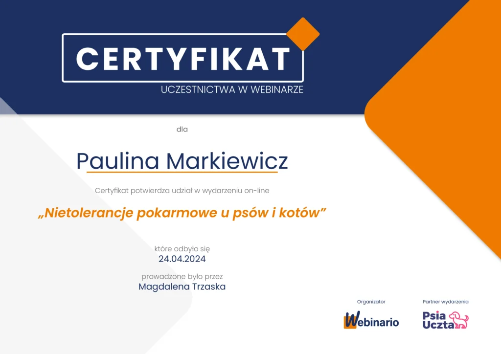 NIETOLERANCJE POKARMOWE certyfikat superkot behawiorysta