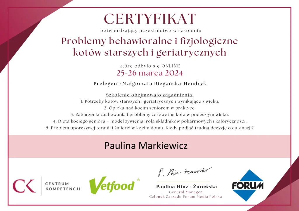 PROBLEMY BEHAWIORALNE I FIZJOLOGICZNE KOTOW STARSZYCH I GERIATRYCZNYCH