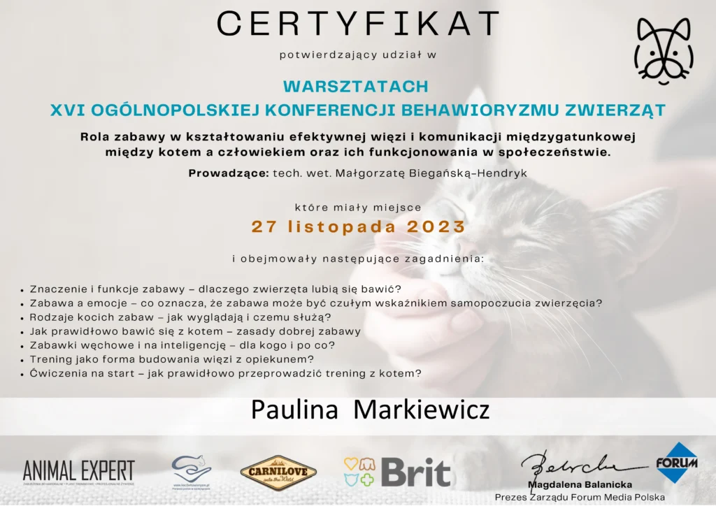 Paulina Markiewicz certyfikat koci beahwiorysta 1