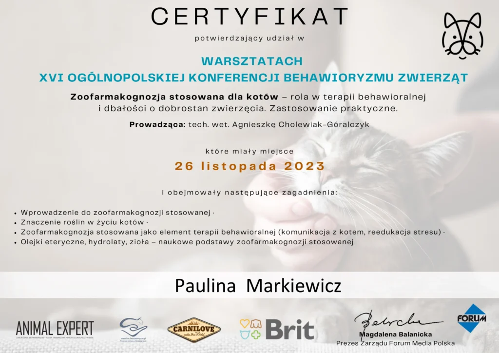 Paulina Markiewicz certyfikat koci beahwiorysta 2