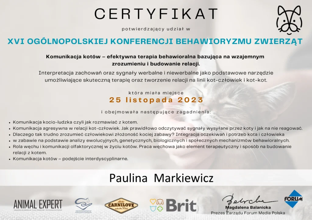Paulina Markiewicz certyfikat koci beahwiorysta 3