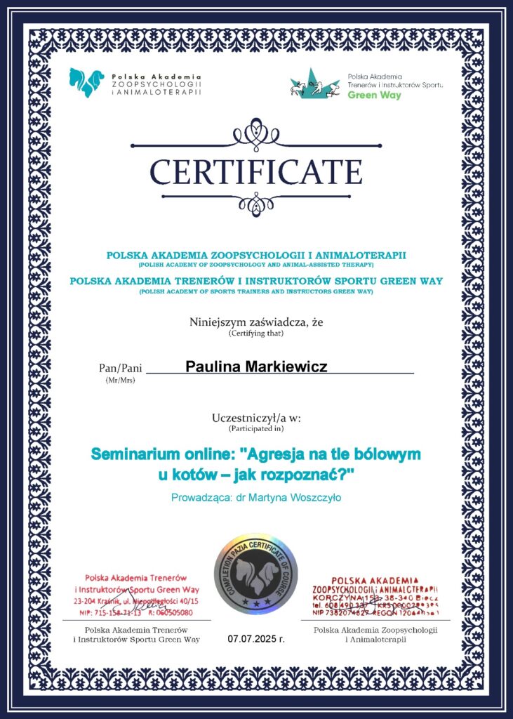 certyfikat Paulina Behawiorystka